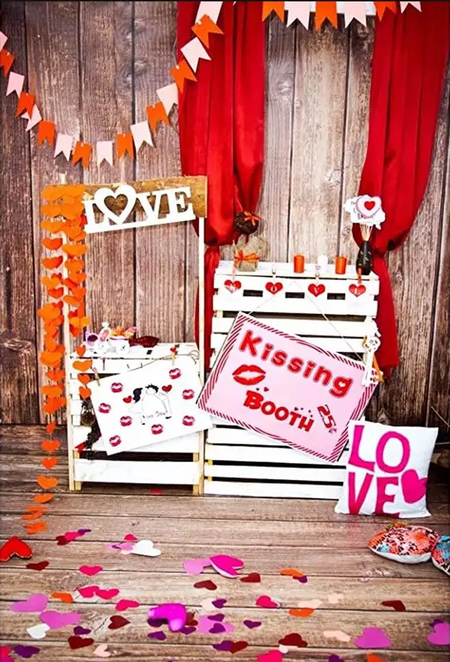 

Valentine's Day Background 3x5 Feet Rustic Style Valentine's Day Couple Portrait Floral Photo Booth Wooden Wall Shooting Props