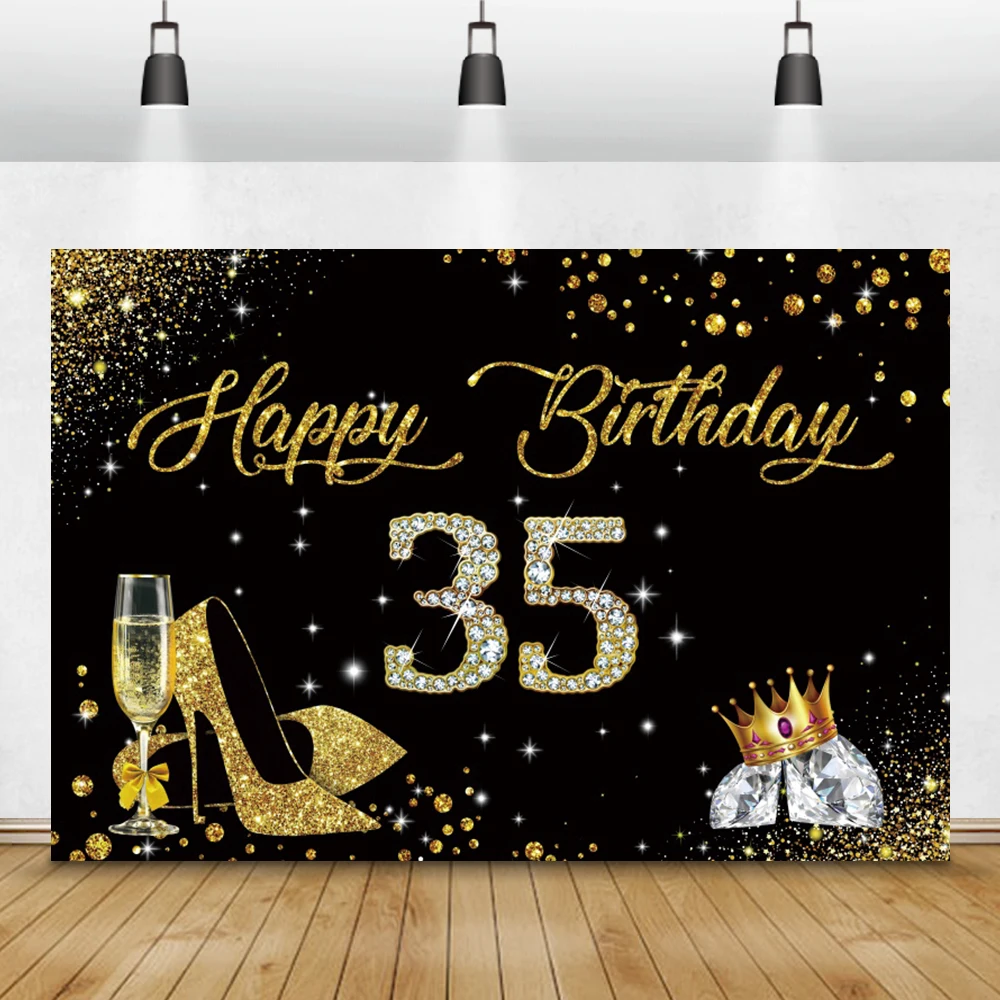 Laeacco Happy 35th Birthday Backdrops High Heels Champagne Diamond Crown Glitters Custom Photography Background For Photo Studio