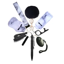 Wholesale Self Defense Siren Safety Alarm for Women Keychain Set Cute Fur Ball Car Keyring Pompom Key Chains Gift for Girl