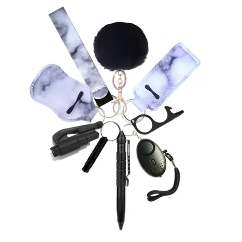 Wholesale Self Defense Siren Safety Alarm for Women Keychain Set Cute Fur Ball Car Keyring Pompom Key Chains Gift for Girl