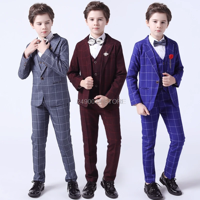 

Flower Boys Luxurious Wedding Suit Kid Plaid Jacket Vest Pants Bowtie 4Pcs Formal Dress Children Piano Performance Party Costume