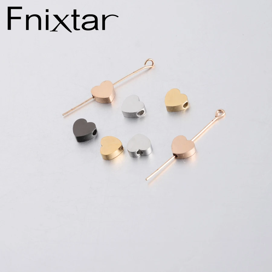 Fnixtar 20Pcs/Lot 1.8mm Hole Mirror Polished Stainless Steel Heart Charm Beads Horizontal Vertical Hole Charms For DIY Necklaces