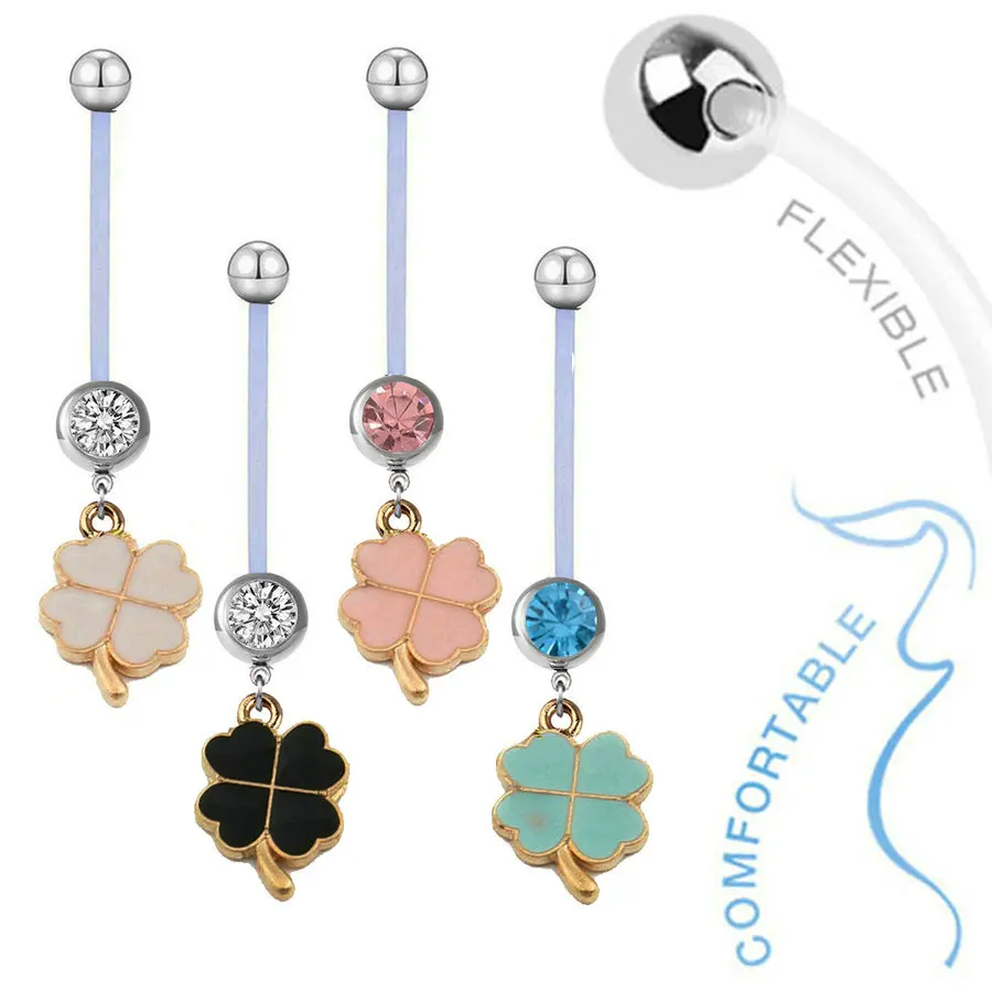 1 PC Crystal Lucky Leaf Pregnancy Belly Ring Dangle Cute Maternity Navel Bars Flexible Barbell 22MM Beach Jewelry