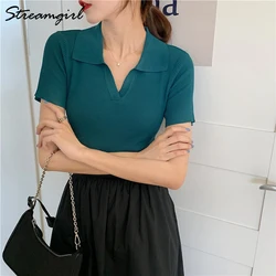 Streamgirl Polo Crop Top Women Summer 2021 Knitted Ice Silk T Shirt Short Sleeve Cropped Tshirts Women T-shirt Knitted Summer