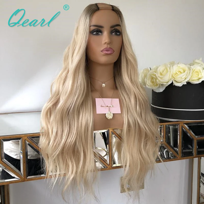 Glueless 10A  Women Human Hair Wig Ombre Light Platinum Blonde U Part Wigs 2x4 Natural Wave Cheap Virgin Hair 200% Thick Qearl
