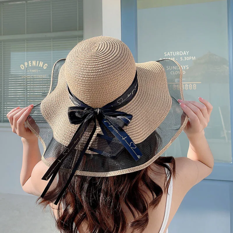 

Simple Wide Brim Straw Hat Lace Beach Hats Women Fashion Ladies Summer UV Protection Foldable Sun Shade Cap Sun hat