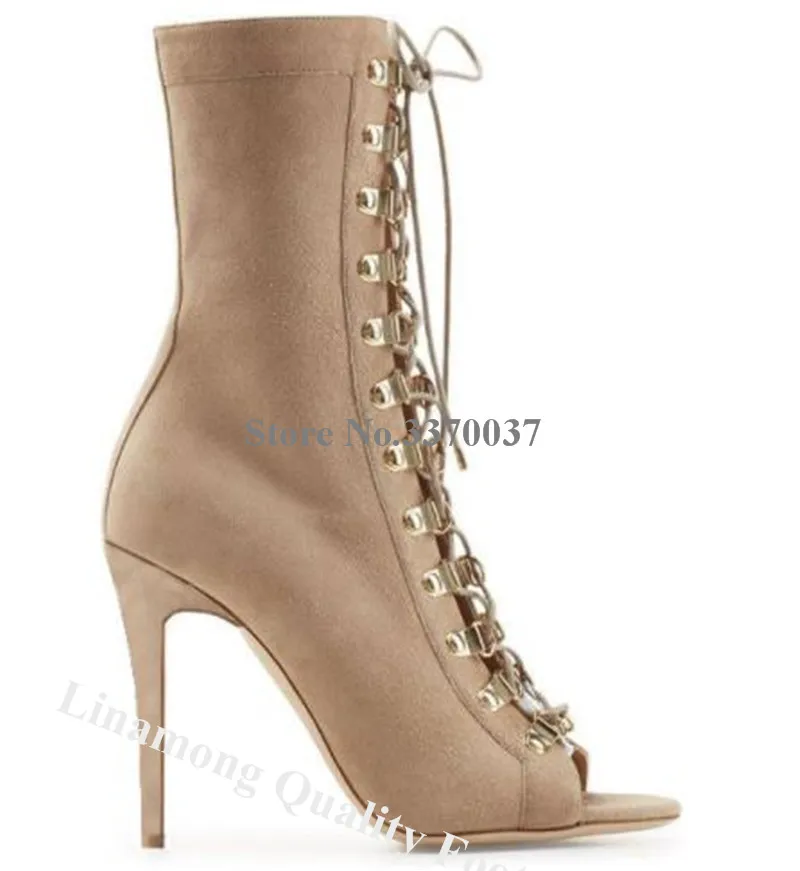 Linamong Elegant Peep Toe Suede Stiletto Heel Short Boots Green Brown Metal Buckles Lace-up Ankle Booties Big Size Heels