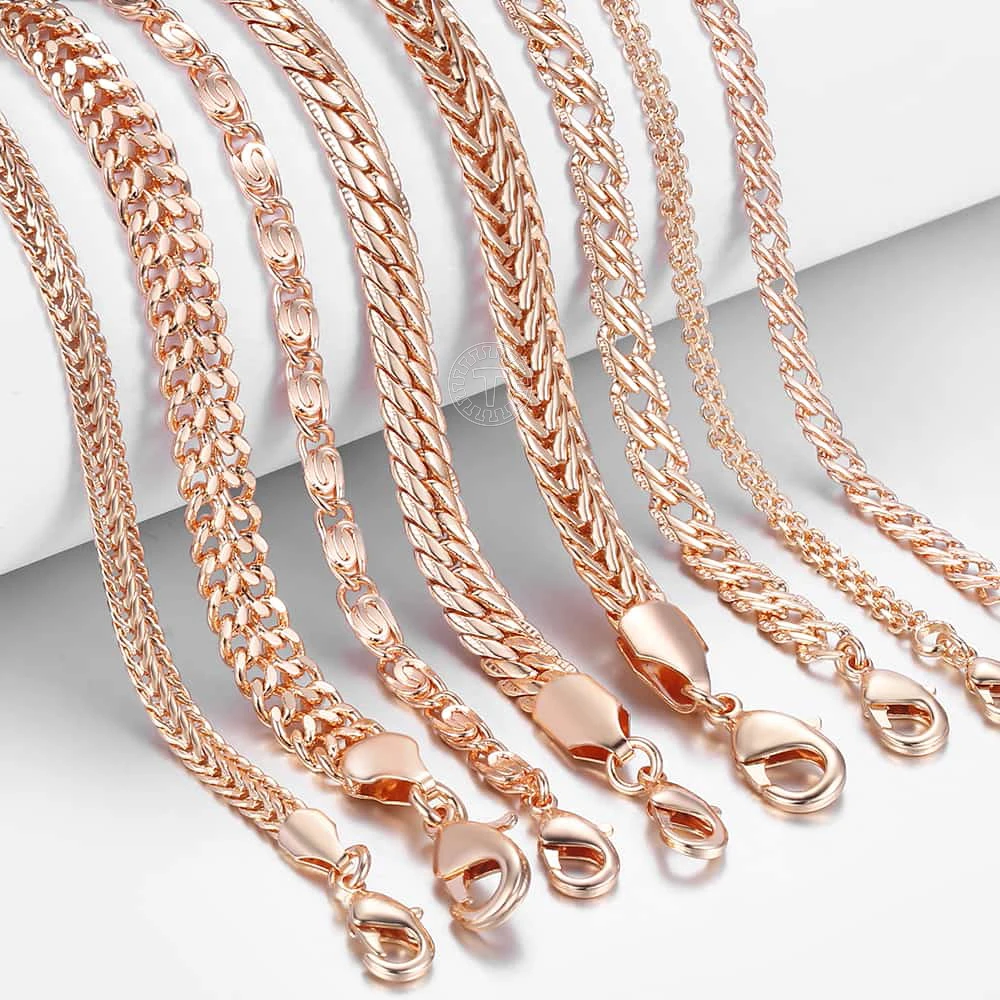 21 Styles 585 Rose Gold Color Bracelet for Women Men Girl Snail Curb/Weaving Link Foxtail Hammered Bismark Bead Chains 20cm