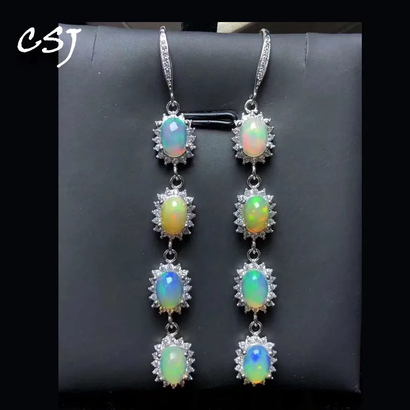 CSJ Real Natural Opal Dangle Earrings 925 Sterling Silver, Ethiopia Opal Gemstone 5*7/6*8mm Jewelry for Women Party Gift