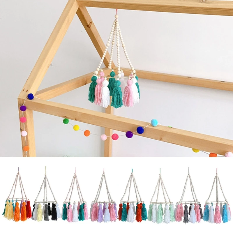 Baby Crib Wooden Beads Tassel Wind Chimes Bed Mobile Rattle Kids Room Decor