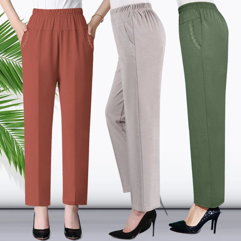 Middle Aged and Old Women Spring Summer Pant Thin Elastic Waist Loose Cotton Mother Long Casual Trousers XL-5XL