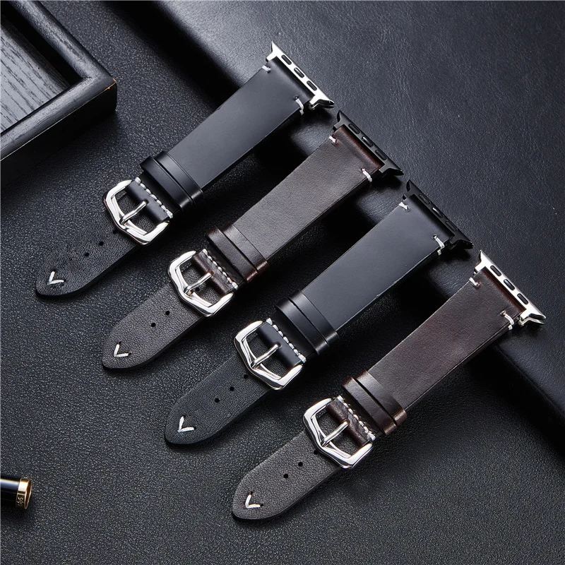 

Genuine Leather Strap For Apple Watch 6 SE 5 4 3 Oil Wax Cowhide Black Brown Watchband 38mm 40mm 42mm 44mm Straps For Iwatch