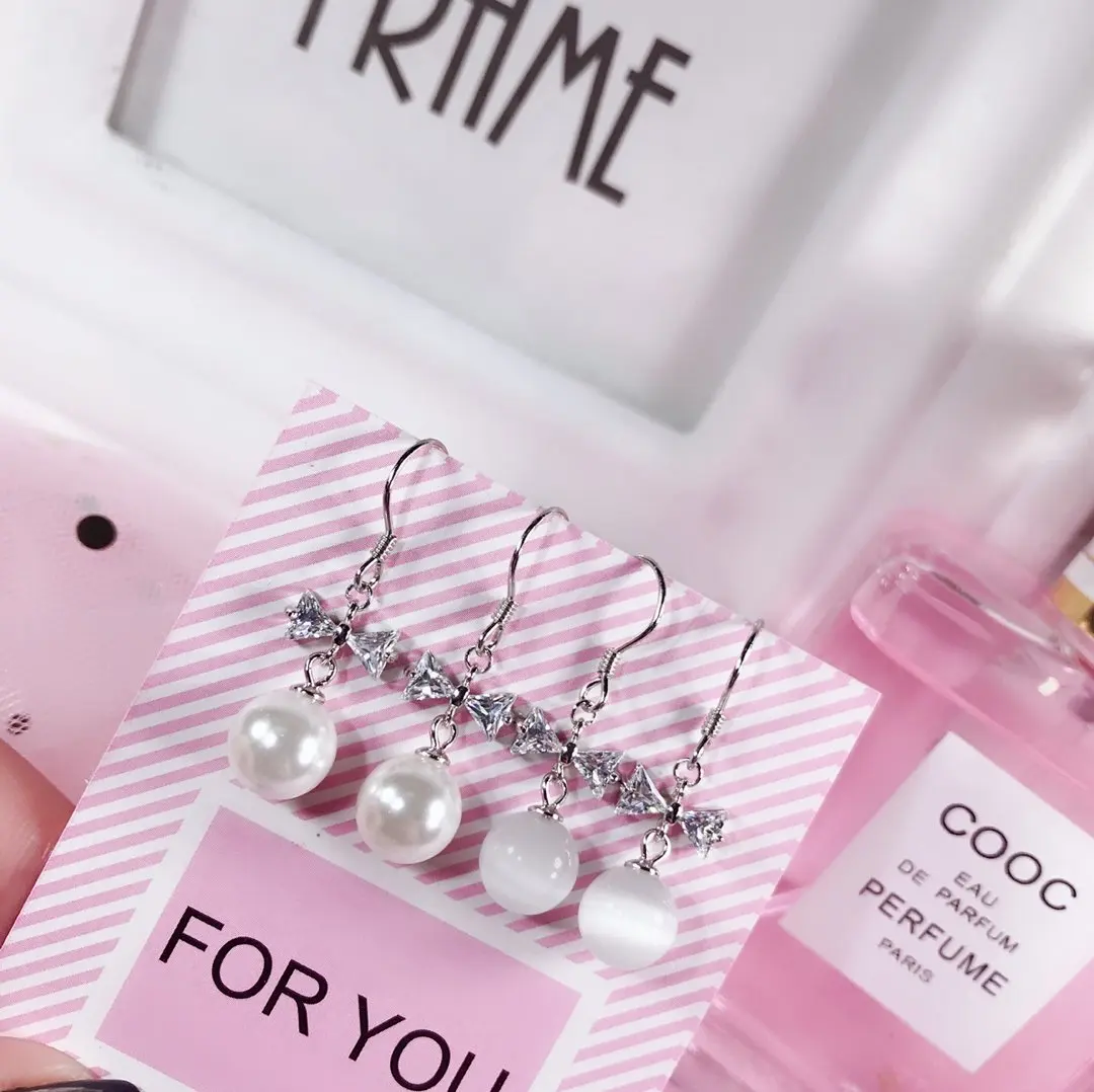 S925 Sterling Silver Original Pearl Women Dangle Earrings Opal Small Crook Stud Ear Hook Shiny Zircon Bow Pearl Eardrop Bowknot