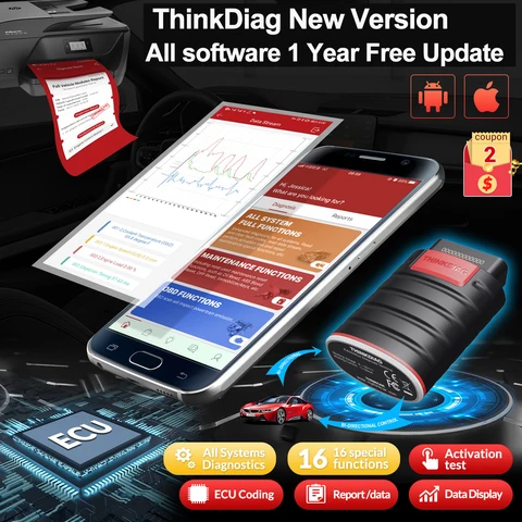 Thinkdiag OBD2 Scanner, полное программное обеспечение, 1 год, бесплатное обновление, считыватель кодов, двунаправленный диагностический инструмент для кодирования ЭБУ