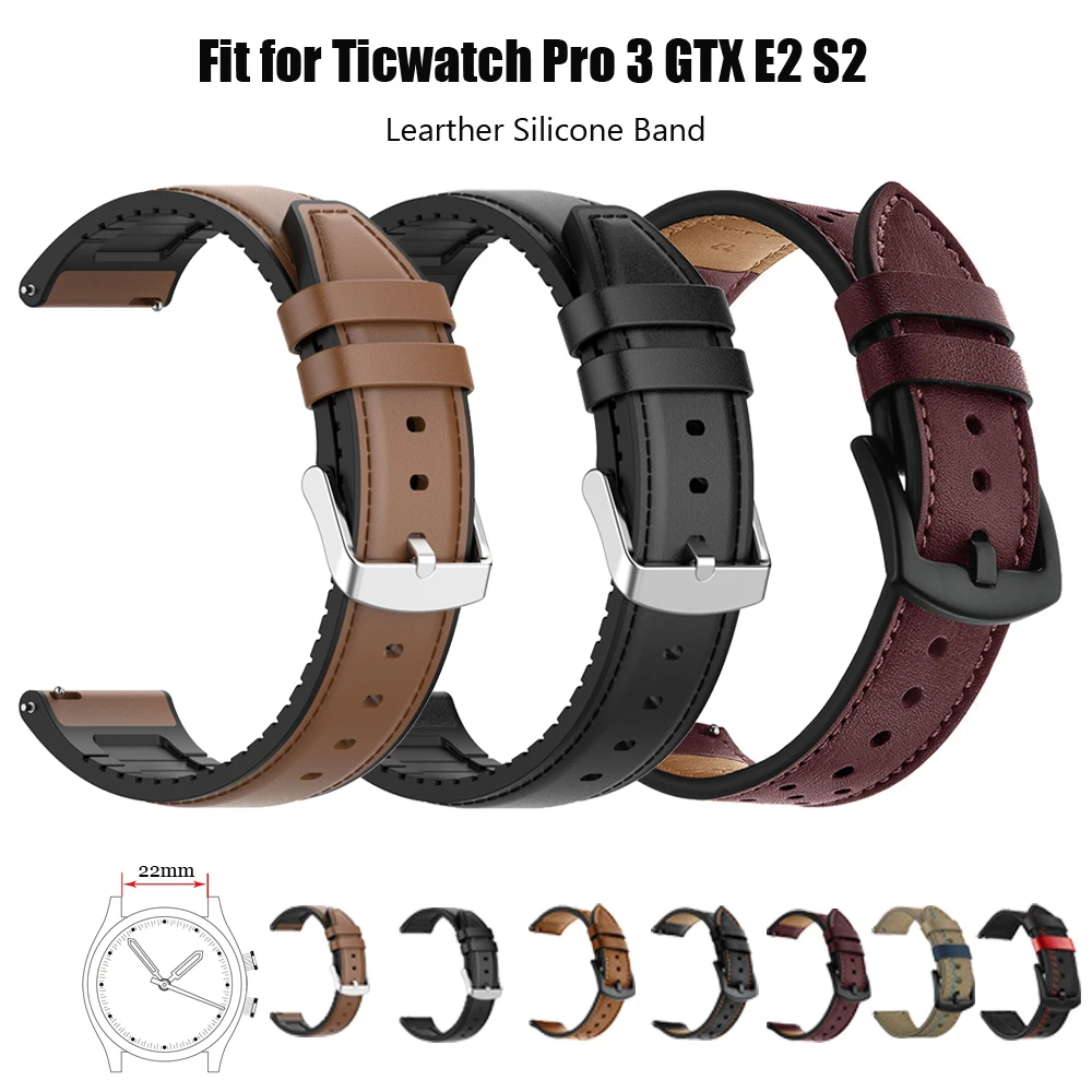 Leather Silicone Strap for Ticwatch Pro 3/3 GPS/3 Lite Smart Watch Band for ticwatch GTX E2 S2 Replacement Wrist belts Bracelets