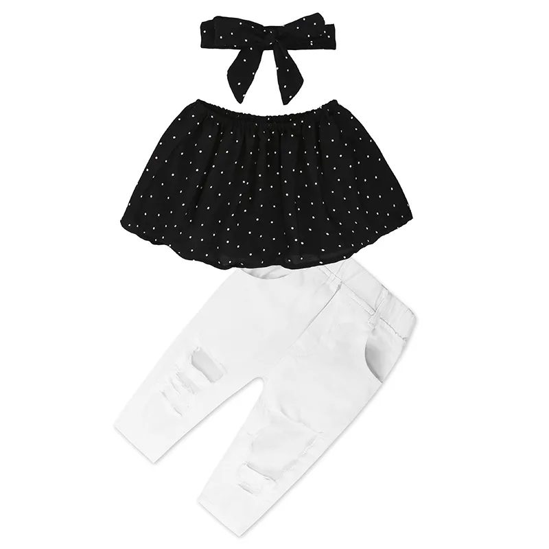 Baby Girl Clothes Headband Summer Off Shoulder Dotted Tshirts Top Kids Ripped Pants Toddler Sets Outfits