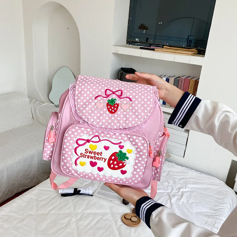 Pink Girl Embroidery Strawberry Children\'s Schoolbag Student Girls Birthday Gift 2020 New Japanese Cartoon Children Backpack