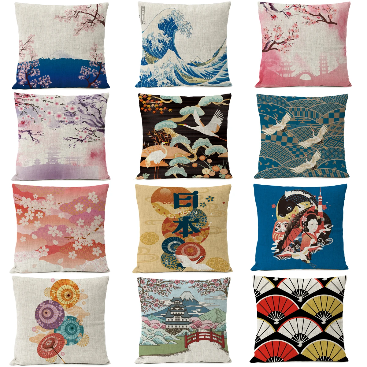 Japanese Ukiyo-e Pillow Cover Fuji Mountain Cherry Blossom Wave Cushion Cover Home Decorative Linen Pillow Case Cojines Almofada