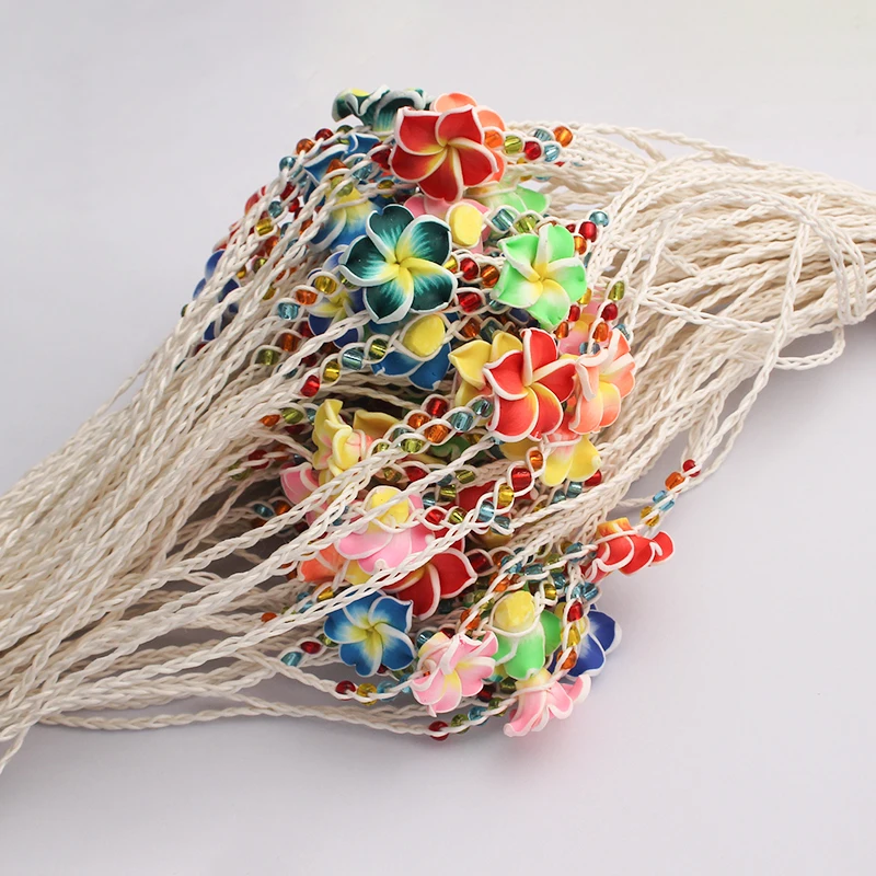 6pcs Mixed Colorful Plumeria Flower Clay Friendship Handmade Braided Cord Bracelets Surf Beautiful Jewellry