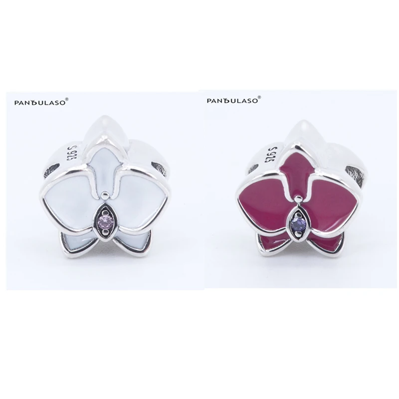 

Female Fashion Jewelry White Orchid Charm Purple Beads Fits Charms Bracelets For Woman Sterling Silver Jewelry