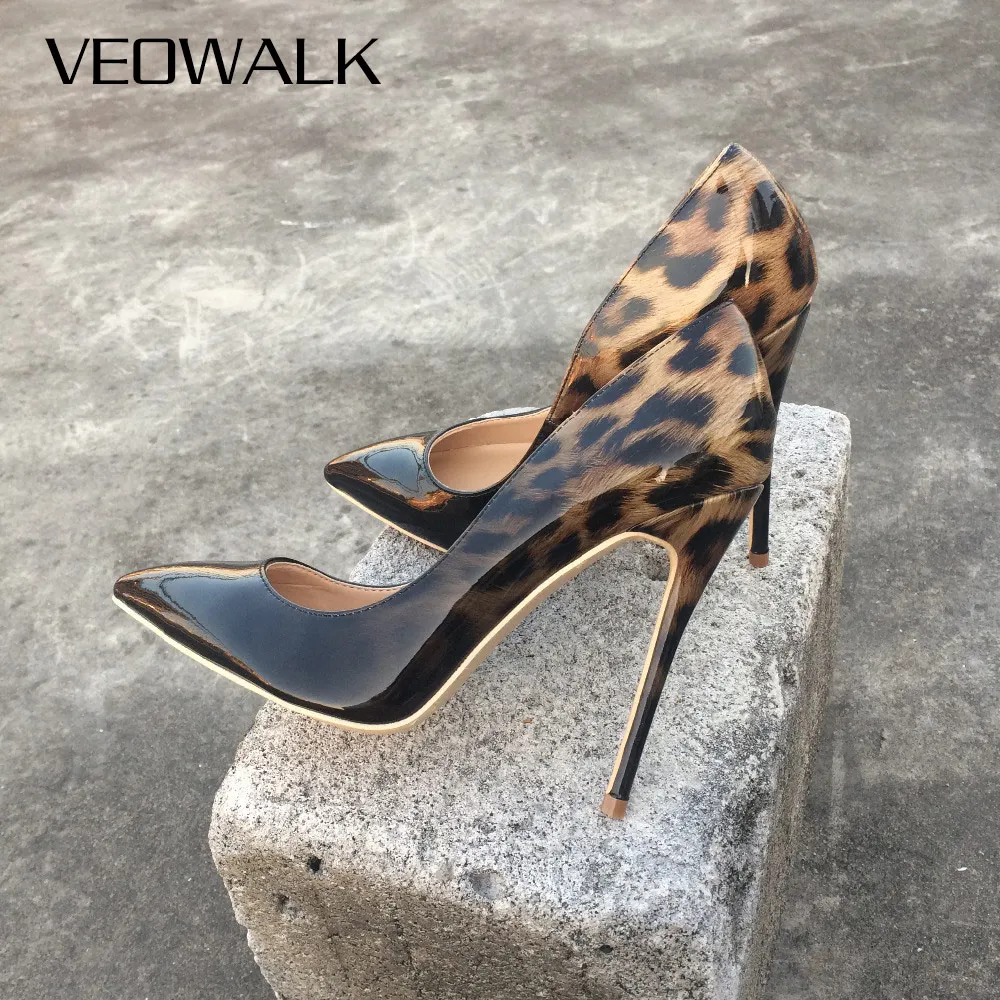 

Veowalk Fashion Women Leopard Patent Leather Pumps Pointed Toe 8-12cm Stiletto Ultra High Heel Sexy Ladies Party Shoes Size34-43