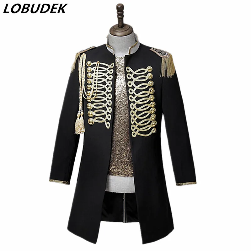 

Men's Golden Rope Button Tassel Epaulet Blazer Nightclub Bar Singer Magician Host Stage Performance Punk Long Coat Costume 3XL