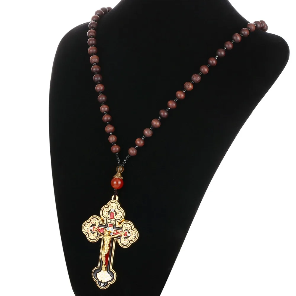Orthodoxe große Kruzifix Jesus Kreuz Anhänger Halsketten für Männer Frauen Rosenkranz Halskette Holz Perlen Ketten religiöse Gebet Schmuck – Detail 6