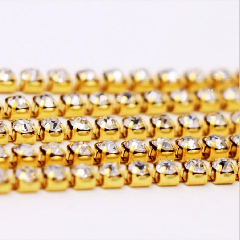 10yards/roll Crystal Rhinestones Close Chain Clear Trim Silver Base Copper Cup Rhinestone Chain Apparel Sewing Style Accessories