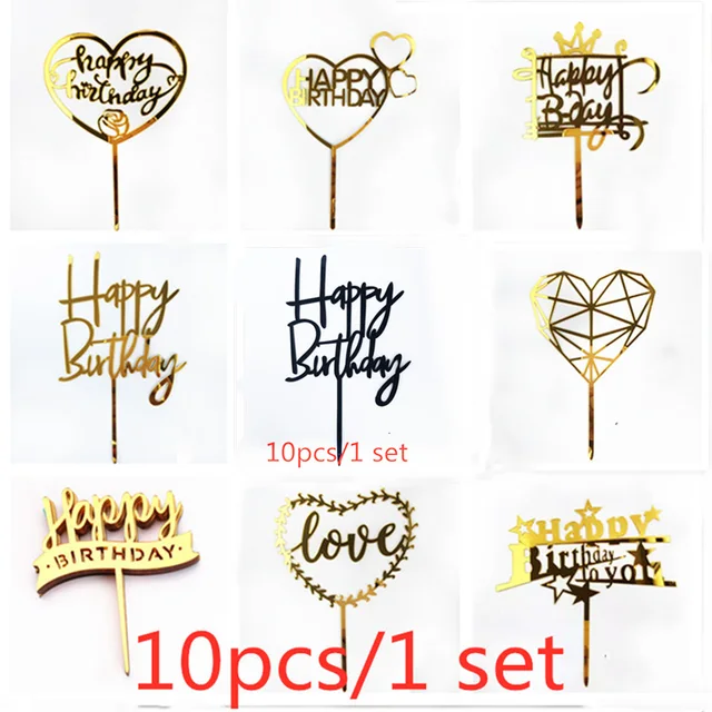 Conjunto com 10 Peças de Topos de Bolo de Feliz Aniversário em Acrílico Dourado para Decoração de Bolos de Aniversário Infantil, Casamento e Chá de Bebê