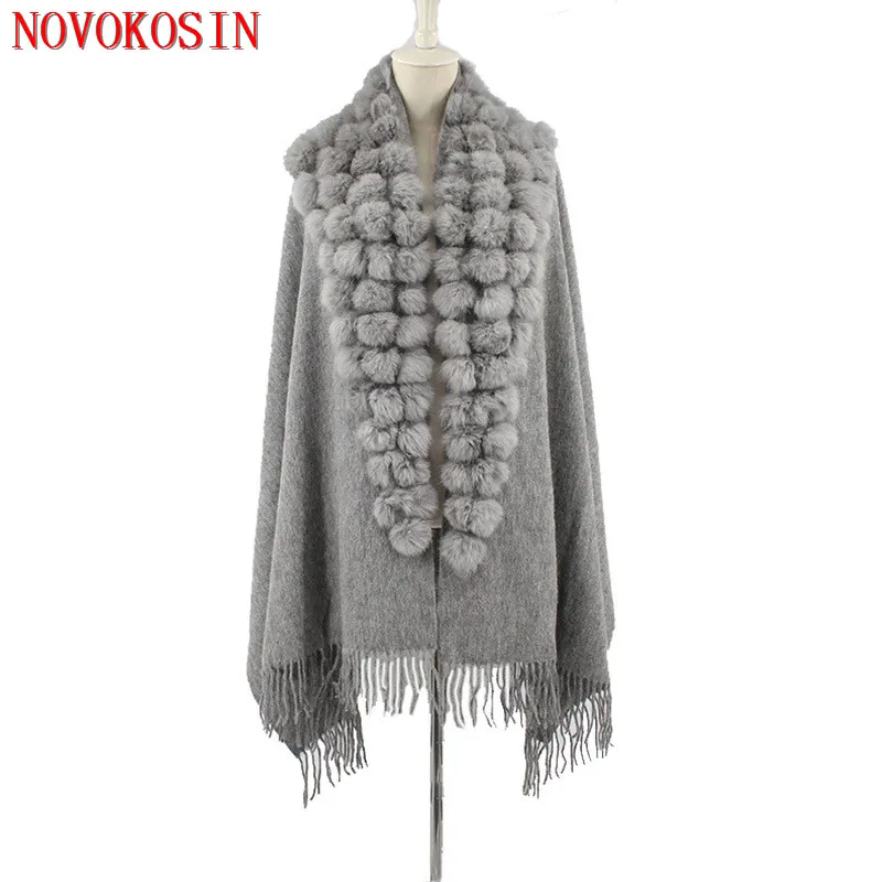 Real Cashmere Warm Triangle Rabbit Fur Ball Outerwear Women Shawl Cappa Winter Mother's Gift Tassel Wrap Loose Pompon Long Cloak