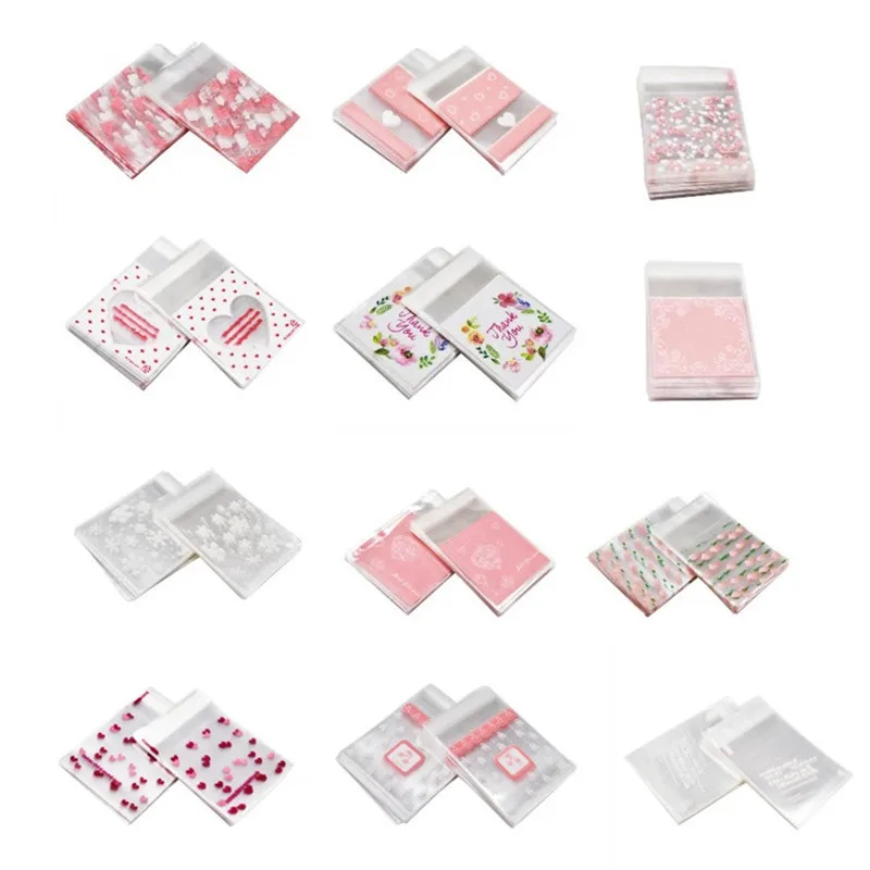 50Pcs/100pcs Flowers Heart Cellophane OPP Bags Wedding Favors Gift Bag Self Adhesive 7x7cm Baking Package Pouch Party Supplies