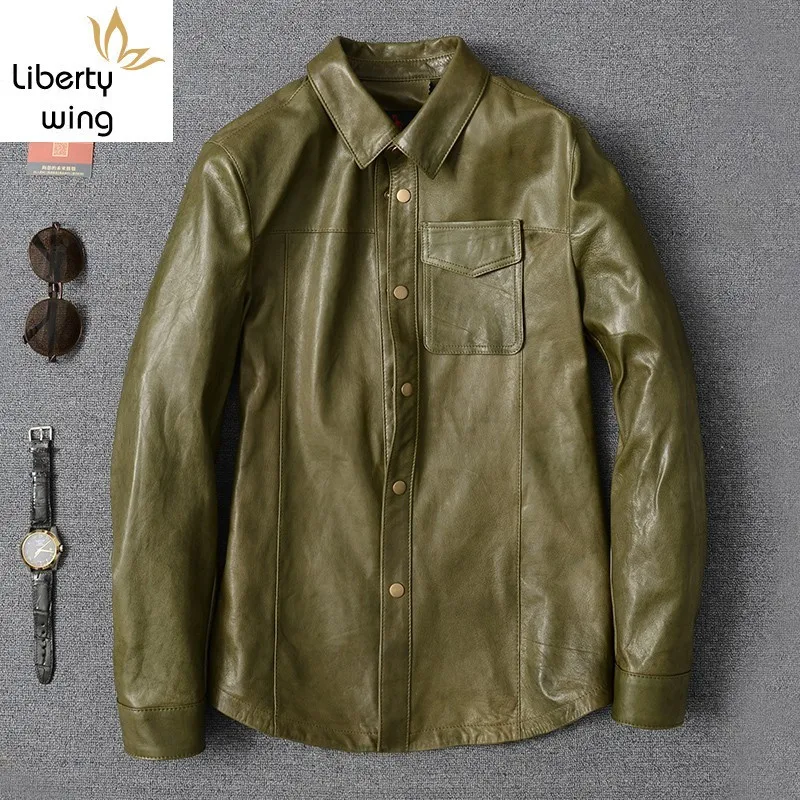 

Luxury Army Green Sheepskin Men New Lapel Long Sleeve Slim Office Formal Shirt Oversize High Quality Casual Blouse