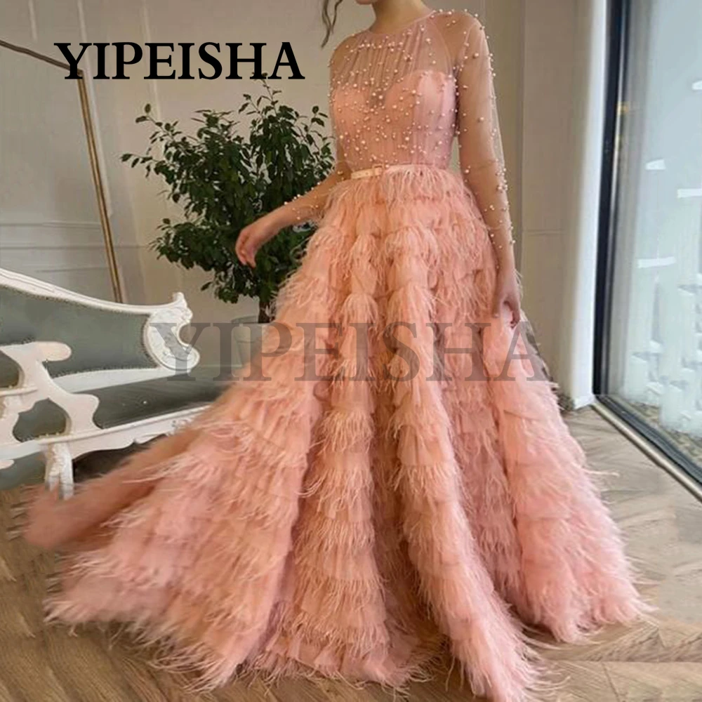 

O-Neck A-Line Beading Evening Dresses Tassel Tiered See-Through Long Sleeve Prom Party Gown robes de soirée vestidos de fiesta