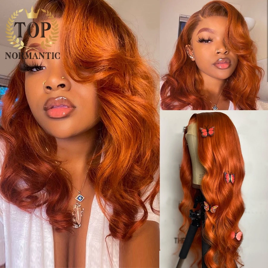 Topnormantic Orange Color Brazilian Remy Human Hair Body Wave Wigs For Women 13x4 Lace Front Straight Wig Pre Plucked Hairline