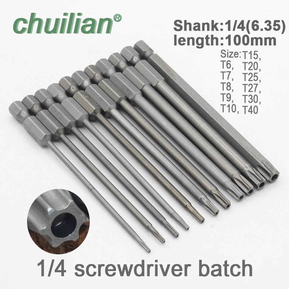 

1Pc 100mm long T6-T40 Magnetic Torx Screwdriver Bits Set Electric Screwdriver head T6,T7,T8,T9, T10,T15,T20,T25,T27, T30,T40