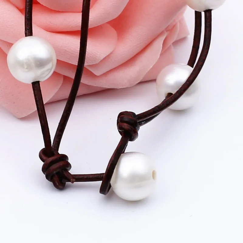 Free shipping Simple women round sweet water natural white pearl tworows genuine leather bracelet new design wedding lady