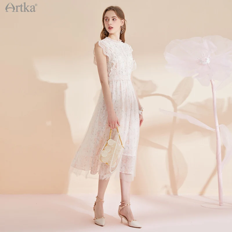 ARTKA 2021 Summer New Women Dress Elegant Floral Mesh Chiffon Long Dresses Hollow Out Lace O-Neck Flying Sleeve Dress LA25213X