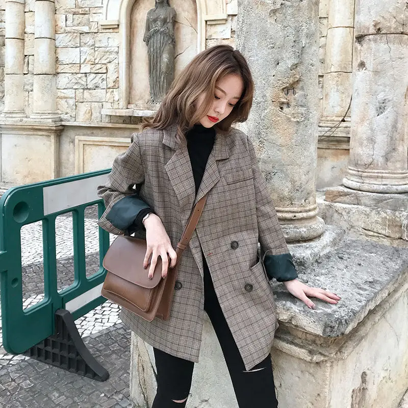 Blazers Women Plaid Simple Loose Elegant Womens Coat All-match Workwear Harajuku Korean Style Ulzzang Females Fashion Chic Daily