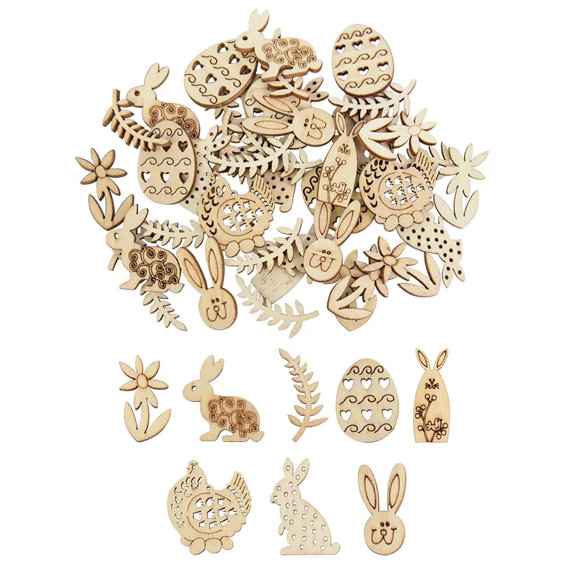 

50/100pcs Rabbit Egg Chicken Shape Wooden Chips DIY Craft Bunny Ornament Happy Easter Party Decorations Kids Gift Toy