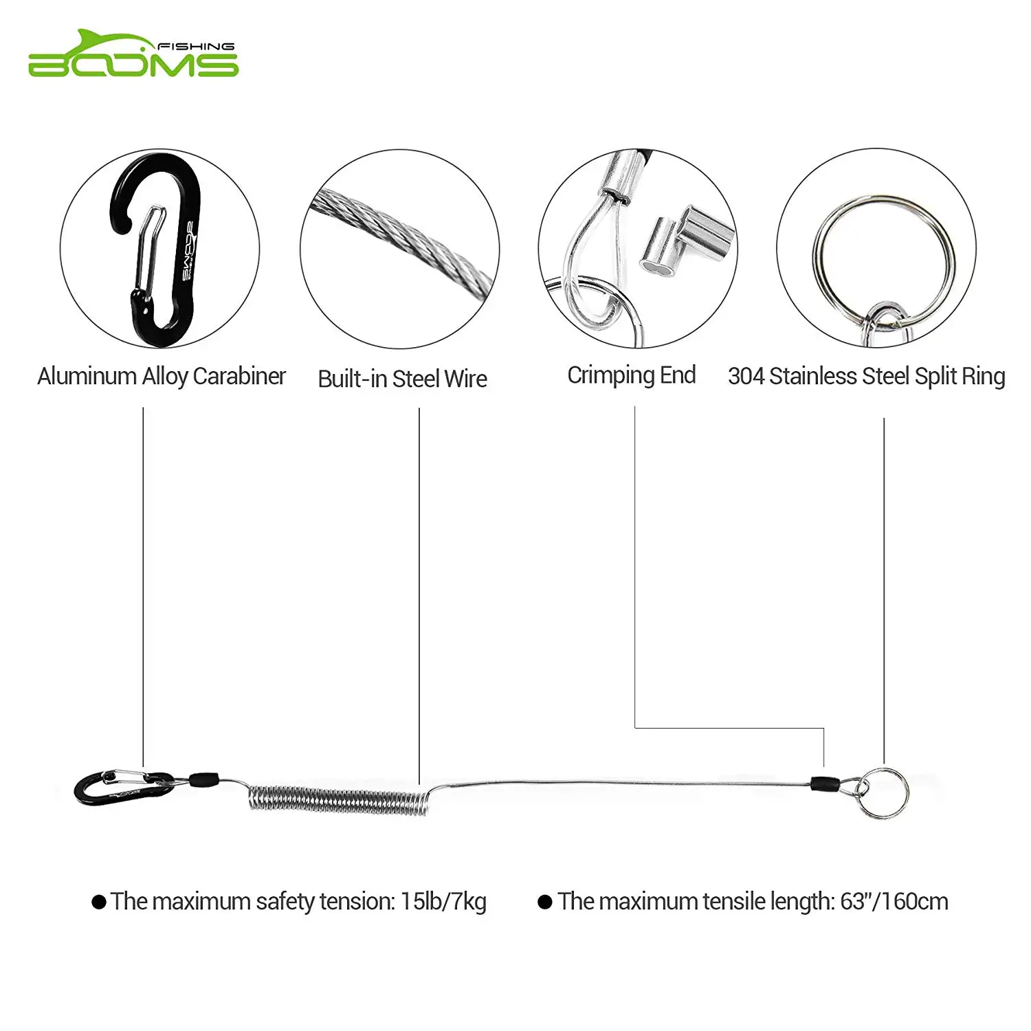 Booms Fishing T01 2M Coiled Lanyards Carabiner Clip with Rod Straps for Fishing Rod and Landing Net