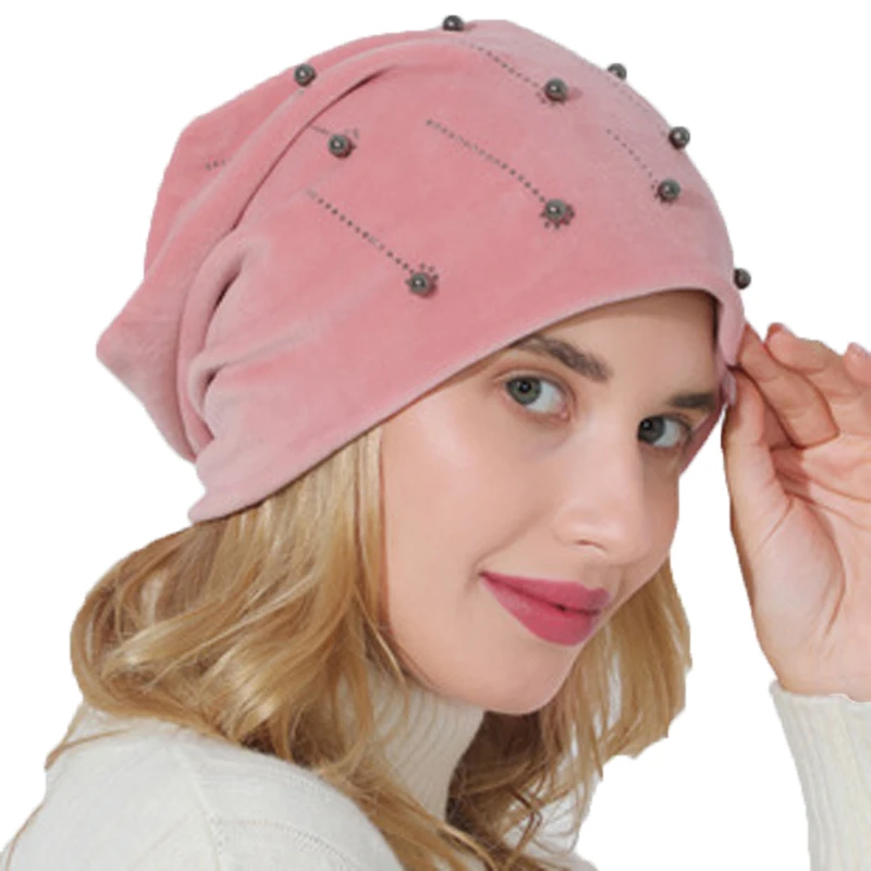 New Autumn And Winter Women's Hot Drill Bead Cap Fashionable Versatile Double Layer Flannel Warm Maternity Hat