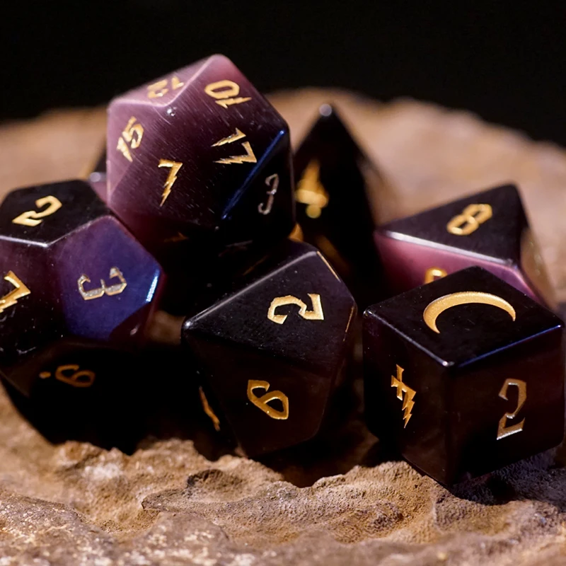 Purple Cats Eye Dice Set Handmade Gemstone Geometry Dice Moon Totem Polyhedr Dice For DND RPG COC Borad Games DIY Custom Gift