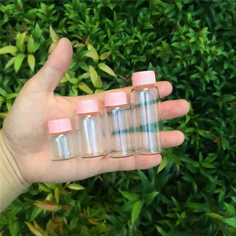 

8ml 15ml 20ml 25ml Hyaline Glass Jars Pink Plastic Lid Clear Vitreous Bottle Exhibits Perfume Cosmetics Vials 50Pcs Handicrafts