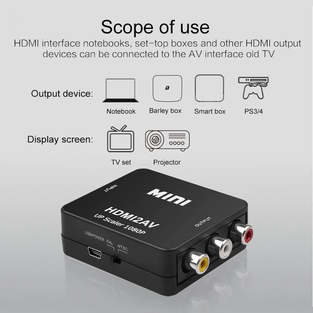 HD 1080P HDMI-compatible to RCA Converter AV/CVSB L/R Video Box 1920*1080 60Hz HDMI2AV Support NTSC PAL Output AV Adapter