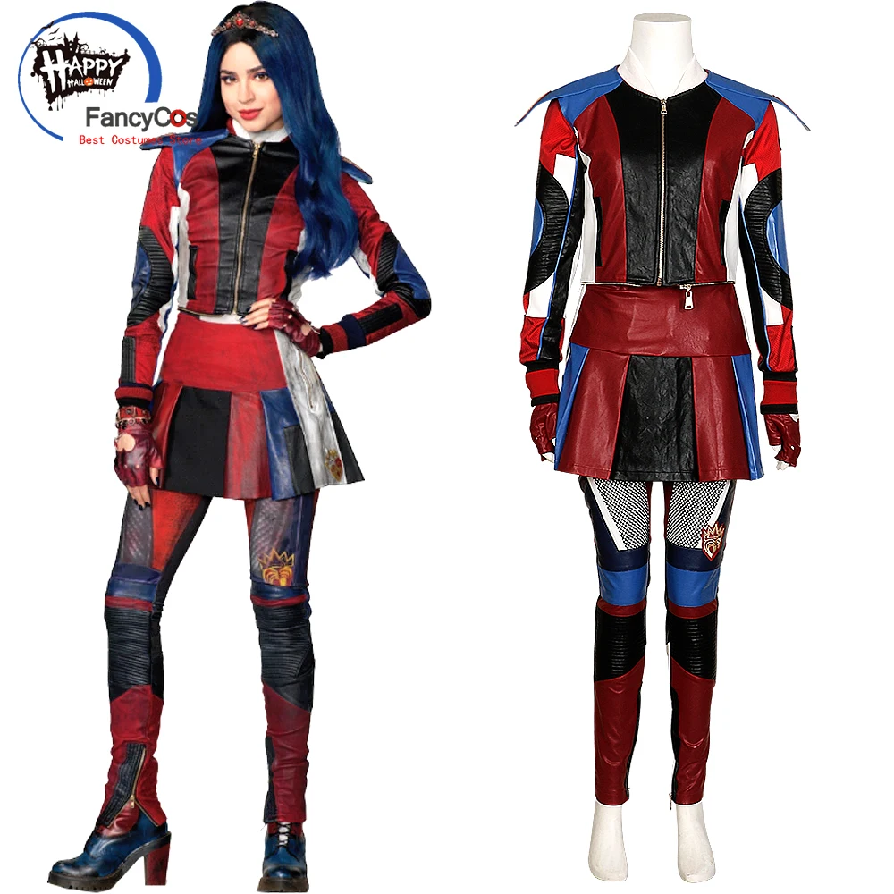 Movie Afstammelingen 3 Evie Cosplay Kostuum Afstammelingen Kostuum Rode Pu Leren Jas Halloween Voor Vrouwen Kinderen Kid Aangepaste