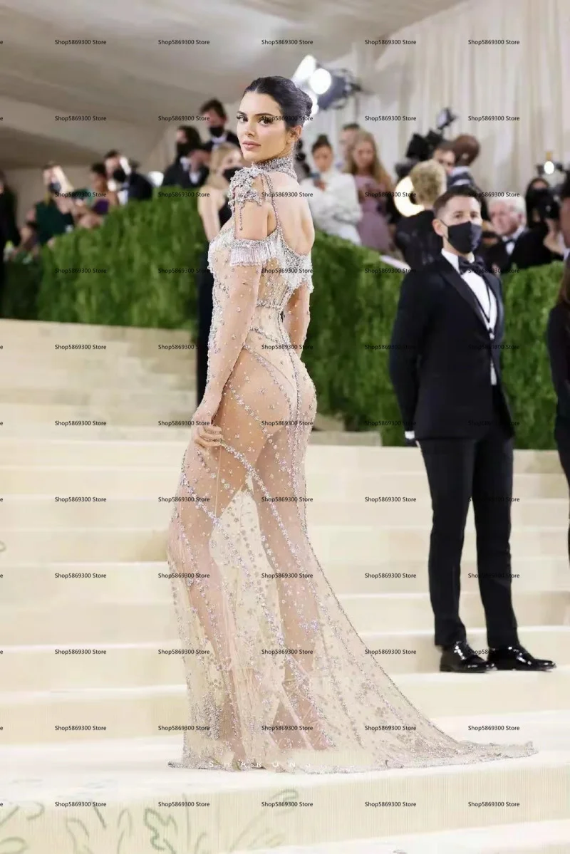 Kendall Jenner Prom Dresses Luxury Crystal Mermaid Sexy long sleeve See Through Black Girls Graduation Party evneing  Gown