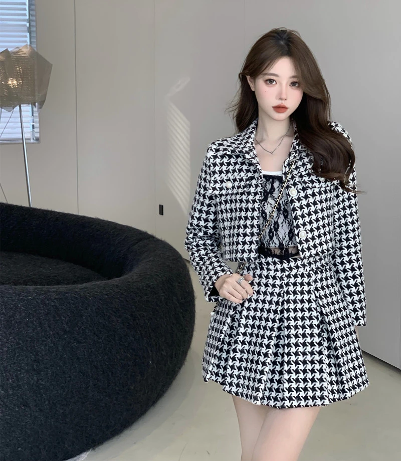 Temperament Matching Sets Retro O Tweed Plaid Jacket Short Long Sleeve Cardigan Slim Top Mini Houndstooth Pleated Skirt Chic