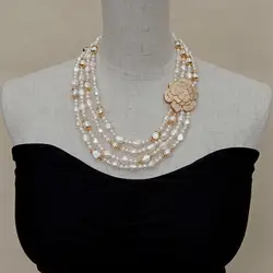 Y·YING 4 Strands Cubic Zirconia Pave Flower Connector Natural Cultured WhiteRound Baroque Freshwater Pearl Choker Necklace 19