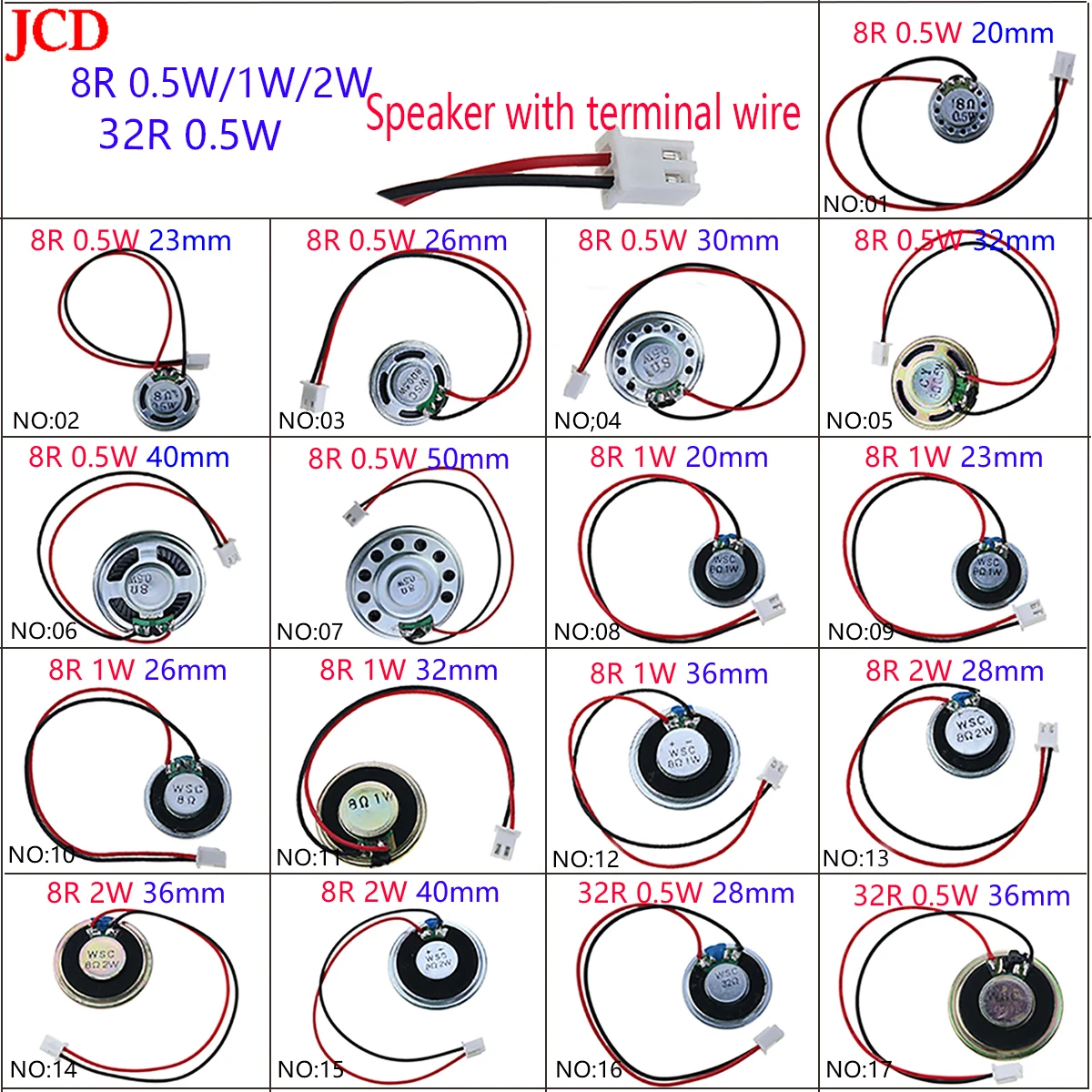 NO:16-19 1pcs ultra-thin speaker 8R 32R 0.5W 1W 2W loudspeaker speaker diameter 20 23 26 28 30 32 36 40 50MM with terminal cable