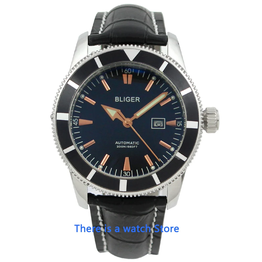 

Bliger 46mm black dial miyota automatic mechanical mens watch sapphire glass Luminous Waterproof Leather Strap Wristwatch Men